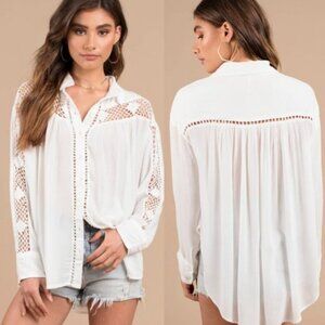 NWT Free People Katie Bird Crochet Inset Ivory Boho Button Down Shirt M